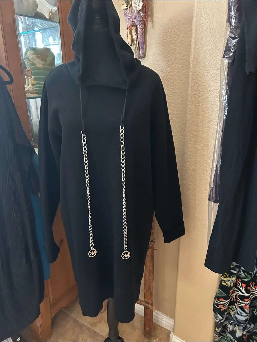 Michael Kors Black Hoodie Sweater Dress with Chain Drawstrings